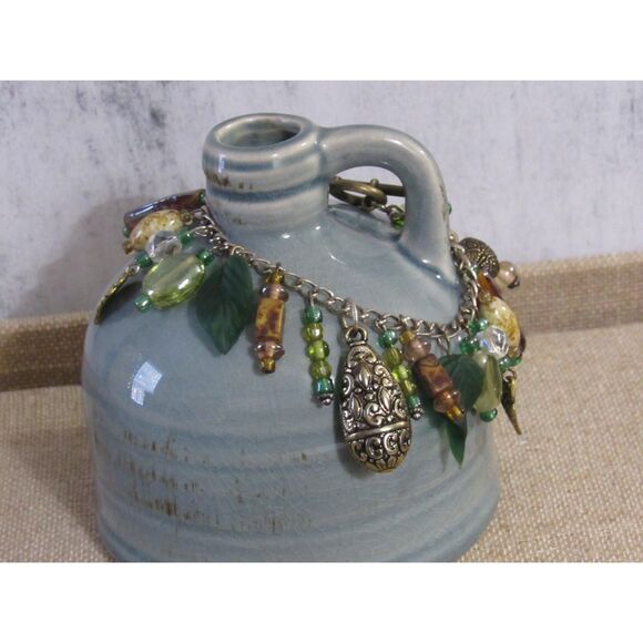 Handmade Nature-Themed Charm Bracelet – Green Glass Leaves, Brass Accents - Picture 2 of 5